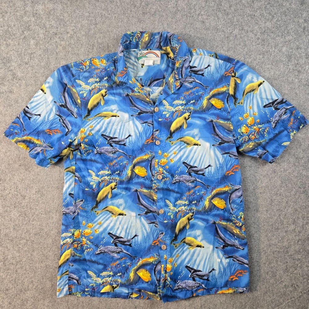 Vintage Paradise Found‎ Shirt Mens M Blue AOP Fish Nature Ocean Beach Hawaiian